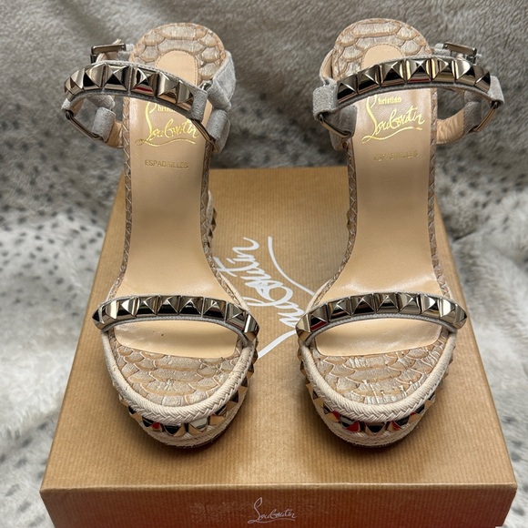 Christian Louboutin Cataclou Beige Embossed Payton Studded Espadrilles - Picture 2 of 12